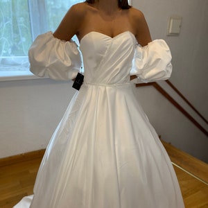 Ball Gown Off-Shoulder Corset Back Floor-Length Satin Wedding Dress with Puffy Sleeves 2025  &quot;Martyna&quot;