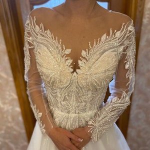 A-Line Long-Sleeve V-Neck Lace Wedding Dress with Sheer Illusion Bodice Beaded Embroidery Tulle Skirt Floor-Length 2025 &quot;Gale&quot;