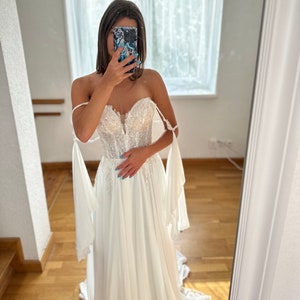 Off-Shoulder A-Line Wedding Dress Long Train Corset Back 2025 &quot;Vakare&quot;