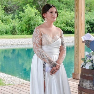 Elegant Satin A-Line Wedding Dress Long Sleeve Lace Illusion Bodice with Slit Back Buttons 2025 Bridal “Gedrime”