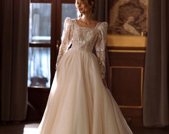 A-Line Square Neckline Long Sleeves Wedding Dress Sparkly Dress Floral Lace Corset Back "Evariste"