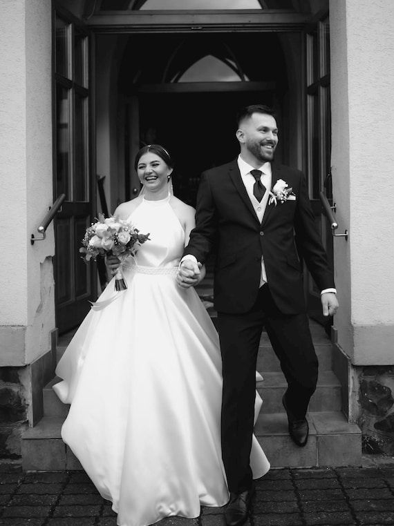 Satin A-line Wedding Dress, High Neck Halter With Bow & Slit - Etsy  Australia