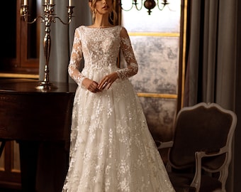Boho Wedding Dress A-Line High Neckline Long Sleeves Floral Lace Low Back Buttons Floor Length "Kirile"