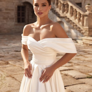 Satin Off the Shoulder Wedding Dress A-Line Bridal Gown Sweetheart Neckline Corset Back Low Back “Vace”