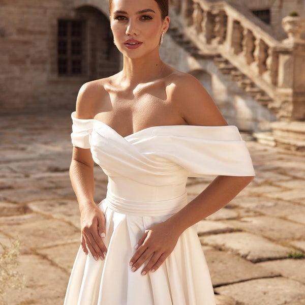Satin Off the Shoulder Wedding Dress A-Line Bridal Gown Sweetheart Neckline Corset Back Low Back “Vace”