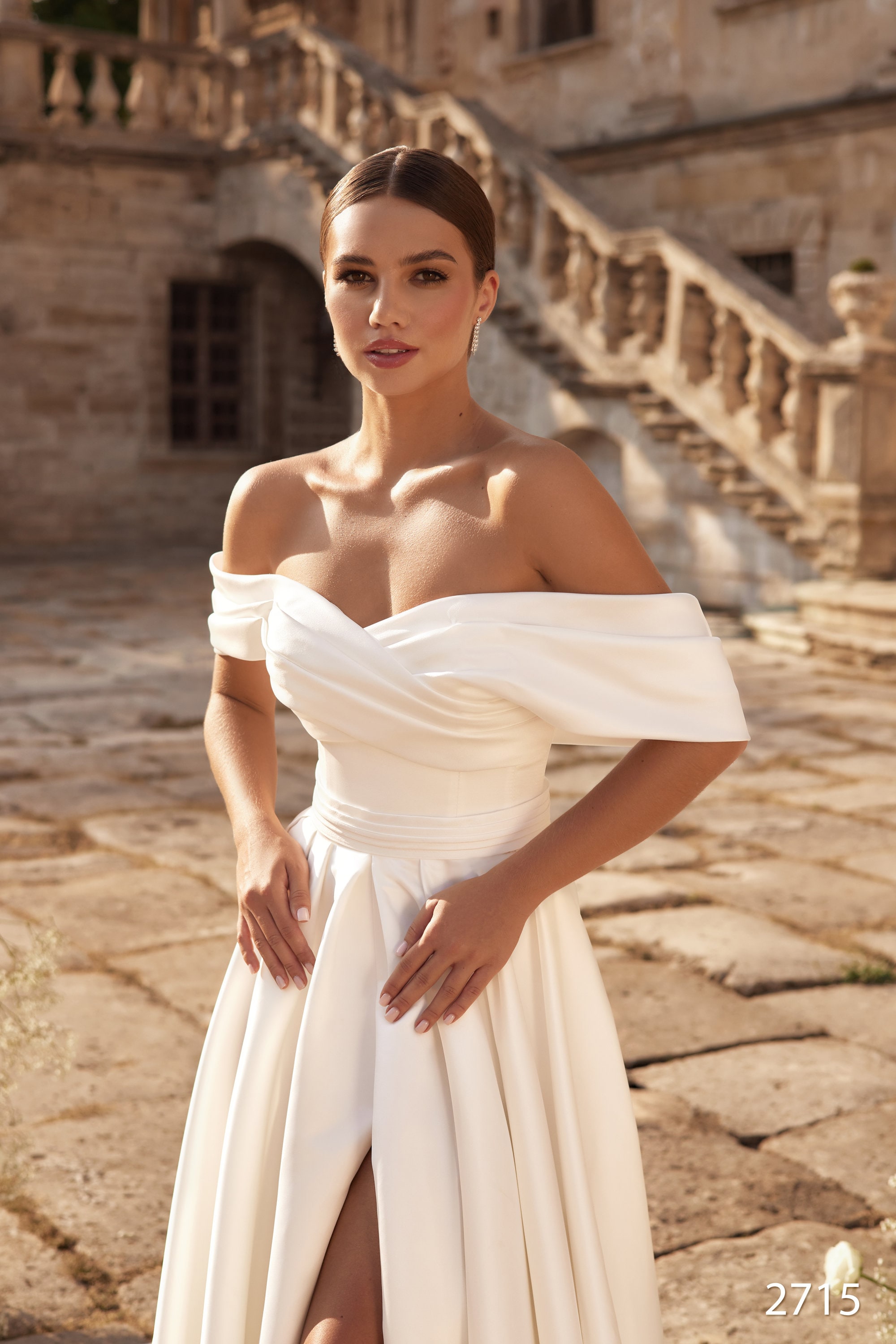 Off The Shoulder Satin Wedding Dress Outdoor Wedding BWD310