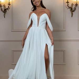 A-Line Wedding Dress with Sweetheart Neckline Draped Off-the-Shoulder Sleeves Illusion Bodice High Slit Chiffon Floor-Length Skirt &quot;Elija&quot;