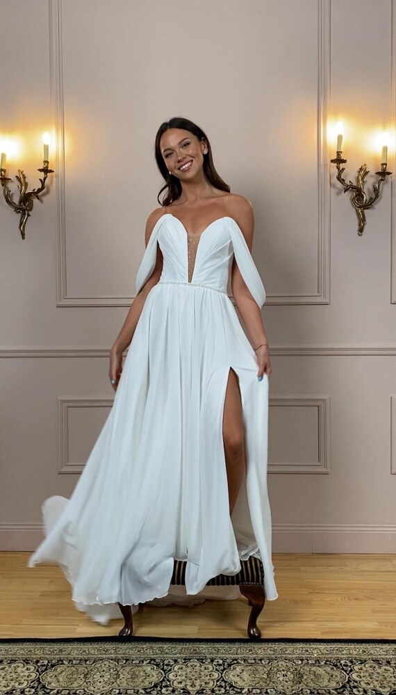 off the shoulder high slit dress Drape Shoulder High Slit Satin Maxi Dress – bebe