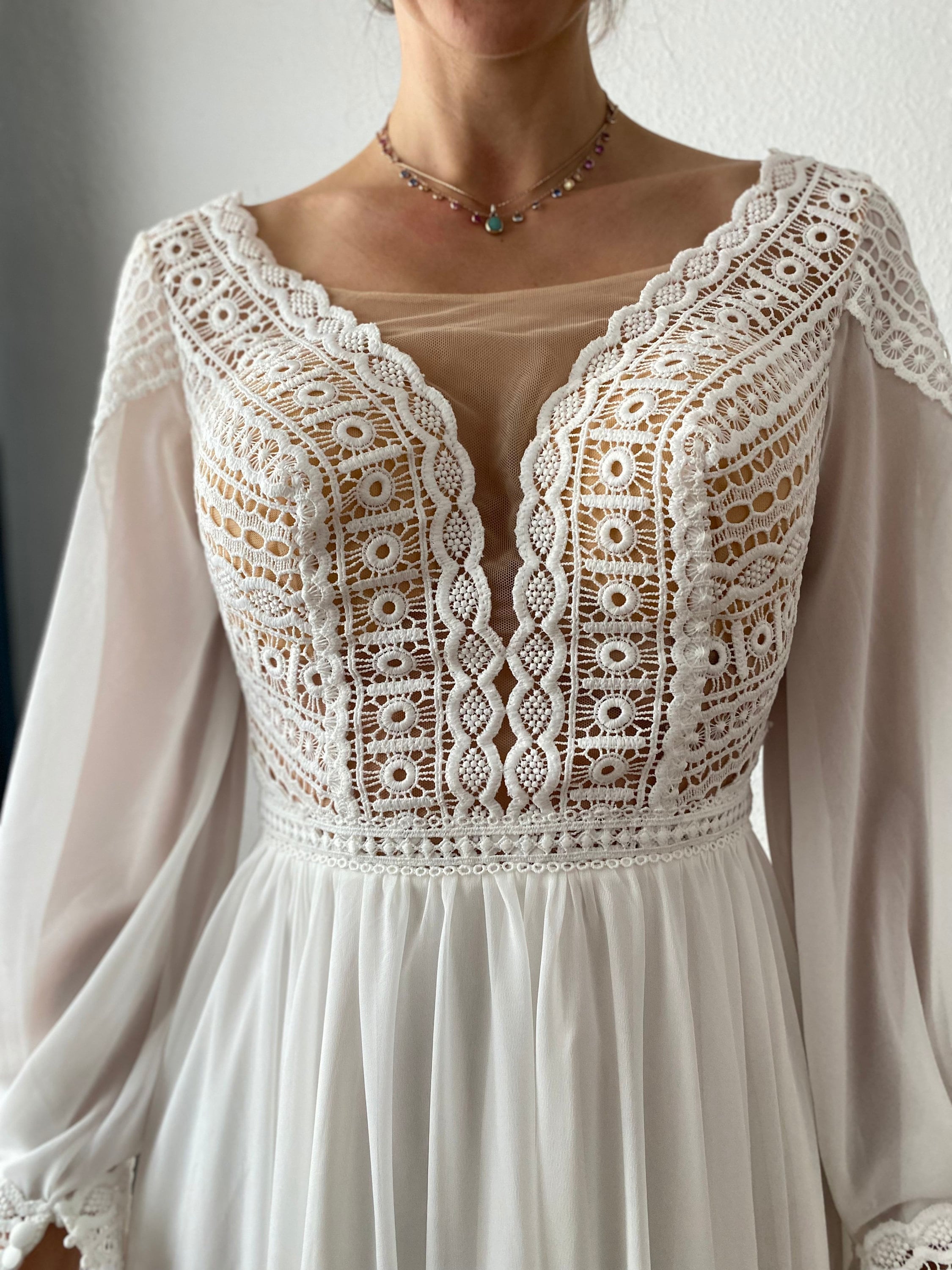 Boho Wedding Dress, A Line V Neck Sheer Back Long Sleeves Floor Length  Wedding Dress skaiste 
