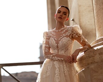 A-Line Wedding Dress Long Sleeves Floral Lace Illusion Neck V-Neckline Dress Bridal Gown Low Back Floor Length “Giriote”