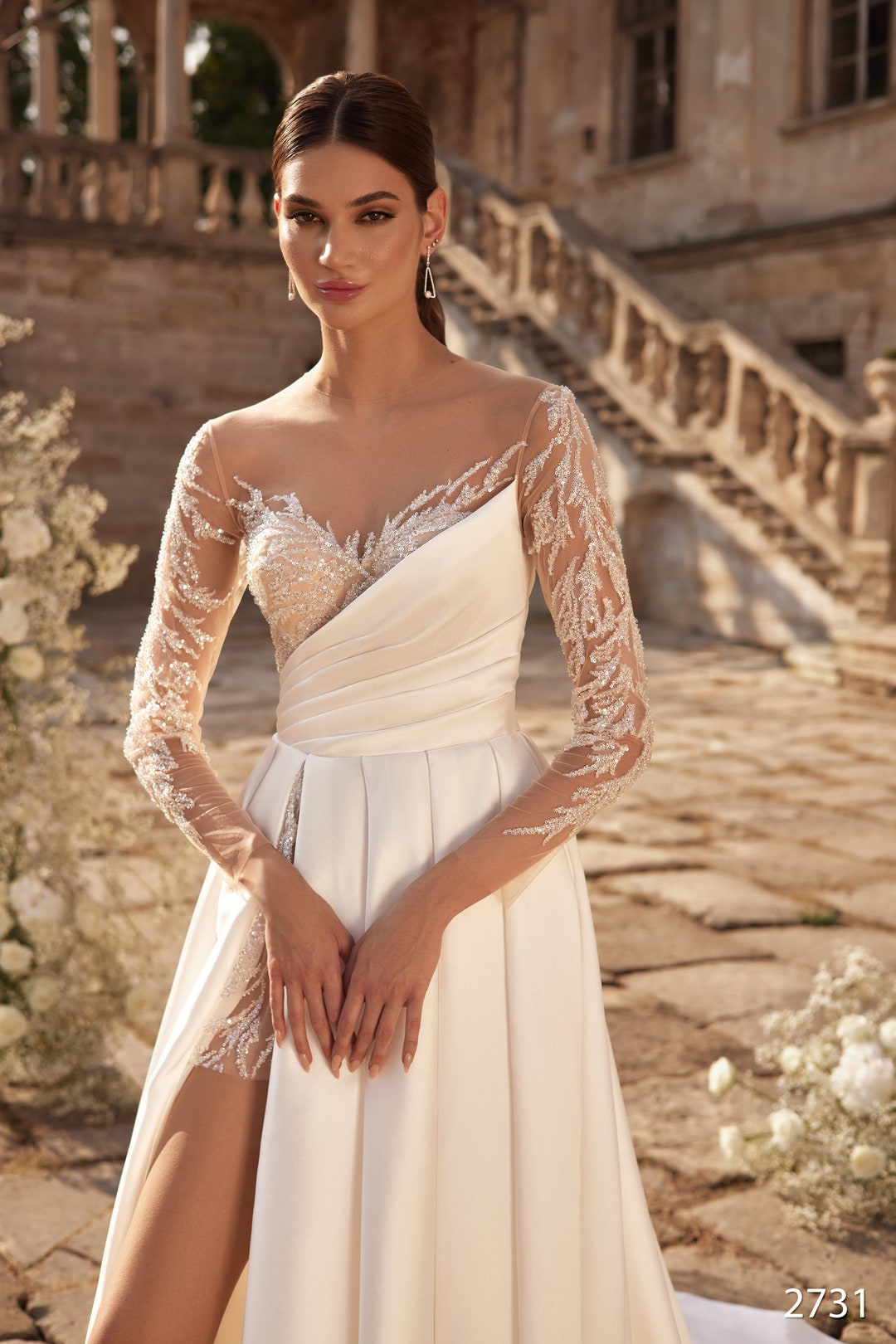 Soft A-Line White Wedding Dress with Draped Layers for an Effortless Style