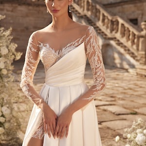 A-Line Wedding Dress Long Sleeves Satin Bridal Gown White Wedding Dress Illusion Neckline Sheer Back Buttons “Gedrime”