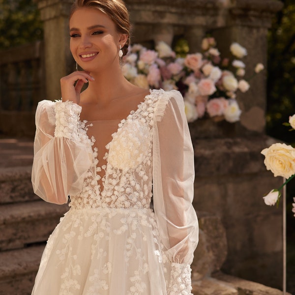 Boho A-Line Wedding Dress Long Sleeves V-Neckline Floral Lace Floor Length Sheer Back “Auguna”