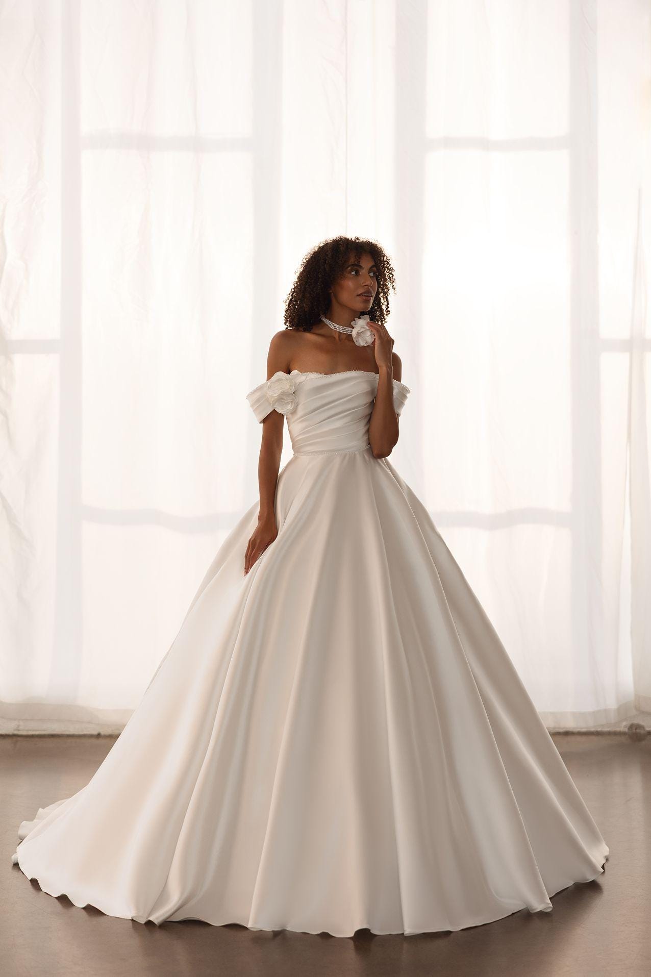 Off-Shoulder Satin Ball Gown Wedding Dress with Floral