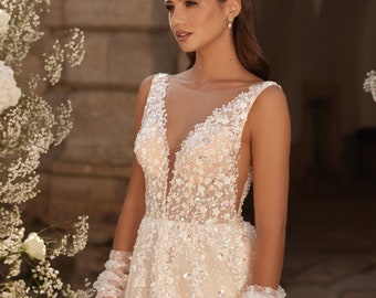 A-Line Wedding Dress Floral Lace V-Neckline Sleeveless Detachable Sleeves Glitter Low Back Beach Bridal Gown “Fatima”