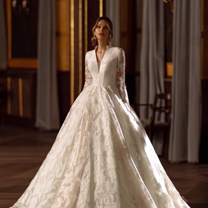 Wedding Dress With Lace Long Sleeves and Satin Bottom Etsy
