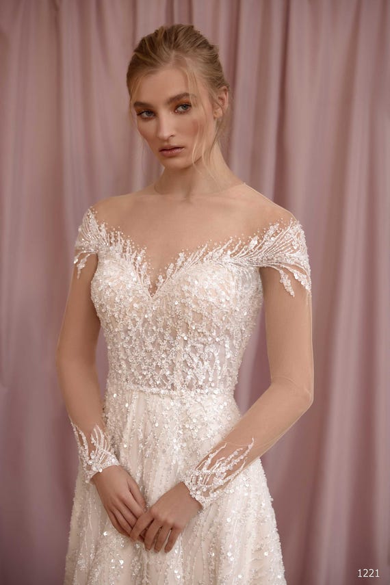 Elegant Wedding Dress A-line 2025 Off-shoulder Illusion Long Sleeves Beaded Lace Sheer Back Romantic Bridal Gown birste - Etsy Israel Elegant Wedding Dress A-line 2025 Off-shoulder Illusion Long Sleeves Beaded Lace Sheer Back Romantic Bridal Gown birste - Etsy Israel