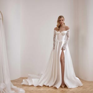 Princess Wedding Dress A-Line 2025 Slit Off-Shoulder Long Lace Sleeves Corset Back Satin Bridal Gown “Kintvile”