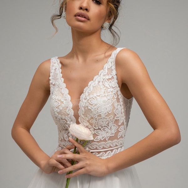 A-Line Wedding Dress Boho V-Neckline Floor Length Straps Sleeveless Dress Beach Dress Sheer Body “Gedene”