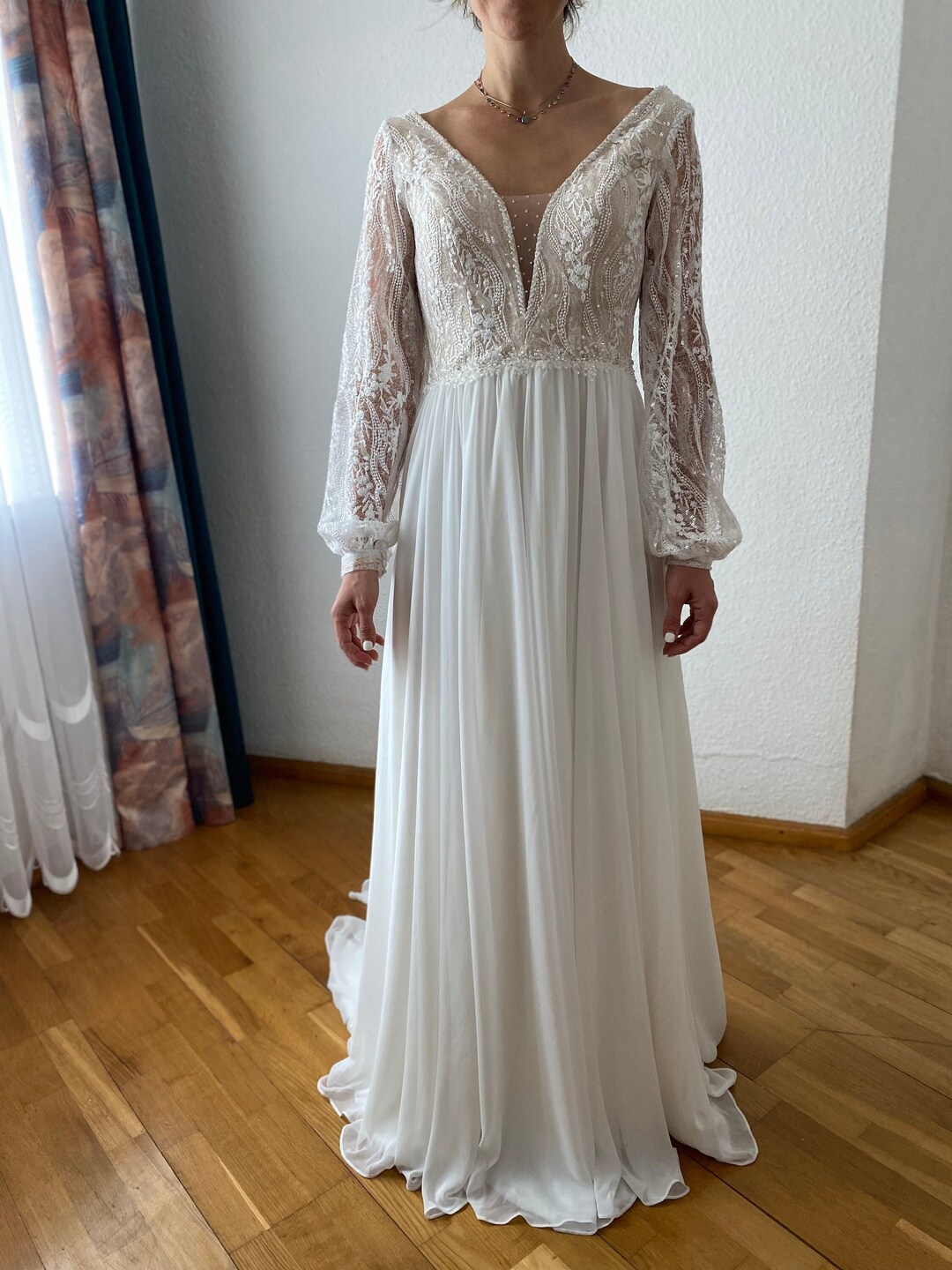 A-line Long Sleeve V-neck Low Back Lace Floor Length Wedding Dress 2025 ...