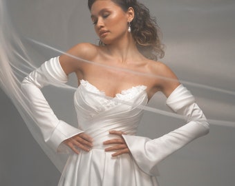 Sweetheart Neckline Wedding Dress A-Line Floor Length Detachable Sleeves Satin Wedding Dress Mini Corset Low Back “Inete”