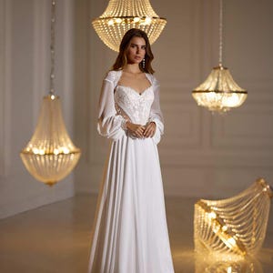 A-line Wedding Dress 2025 Sweetheart Neckline Long Sheer Sleeves Lace Appliqué Corset Back Flowing Chiffon Skirt &quot;Agne&quot;