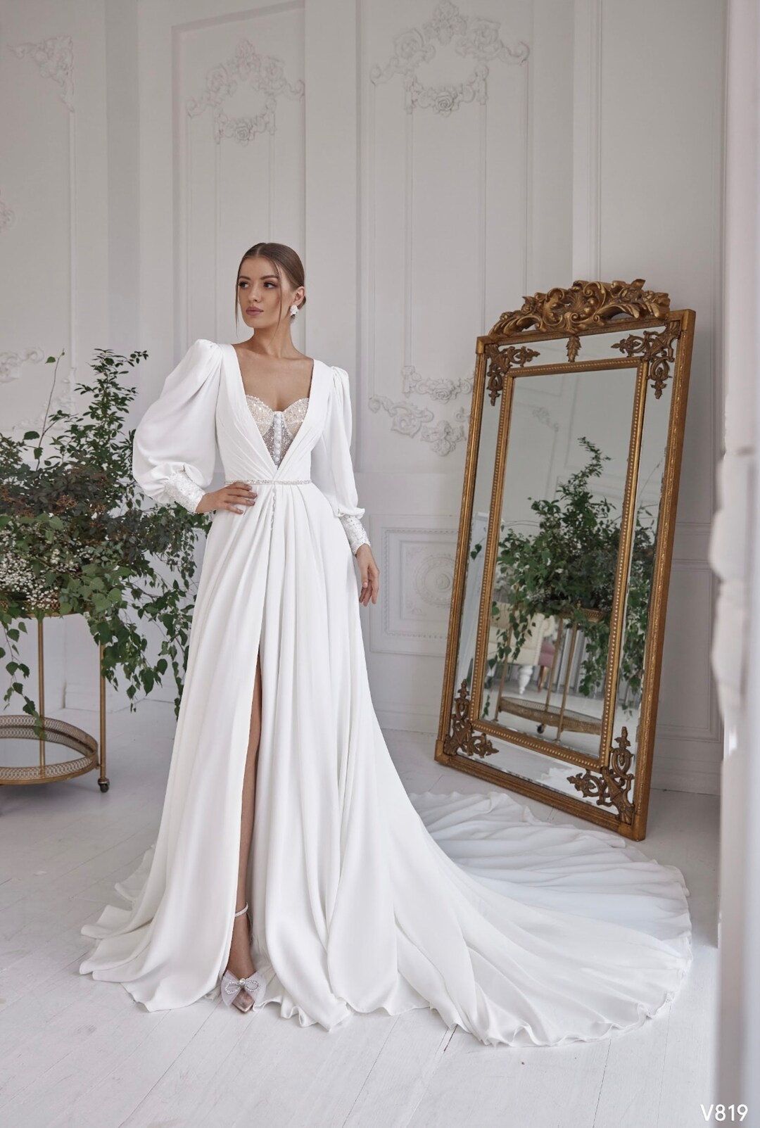 A-line Sweetheart Neck Long Sleeves High Slit Dresses Sage