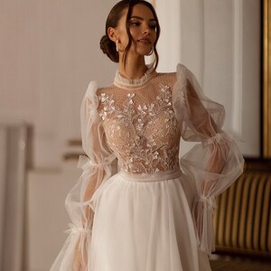 A-line Wedding Dress Illusion Neckline V-neck Long Sleeves High Neck Sheer Back Corset Long ...
