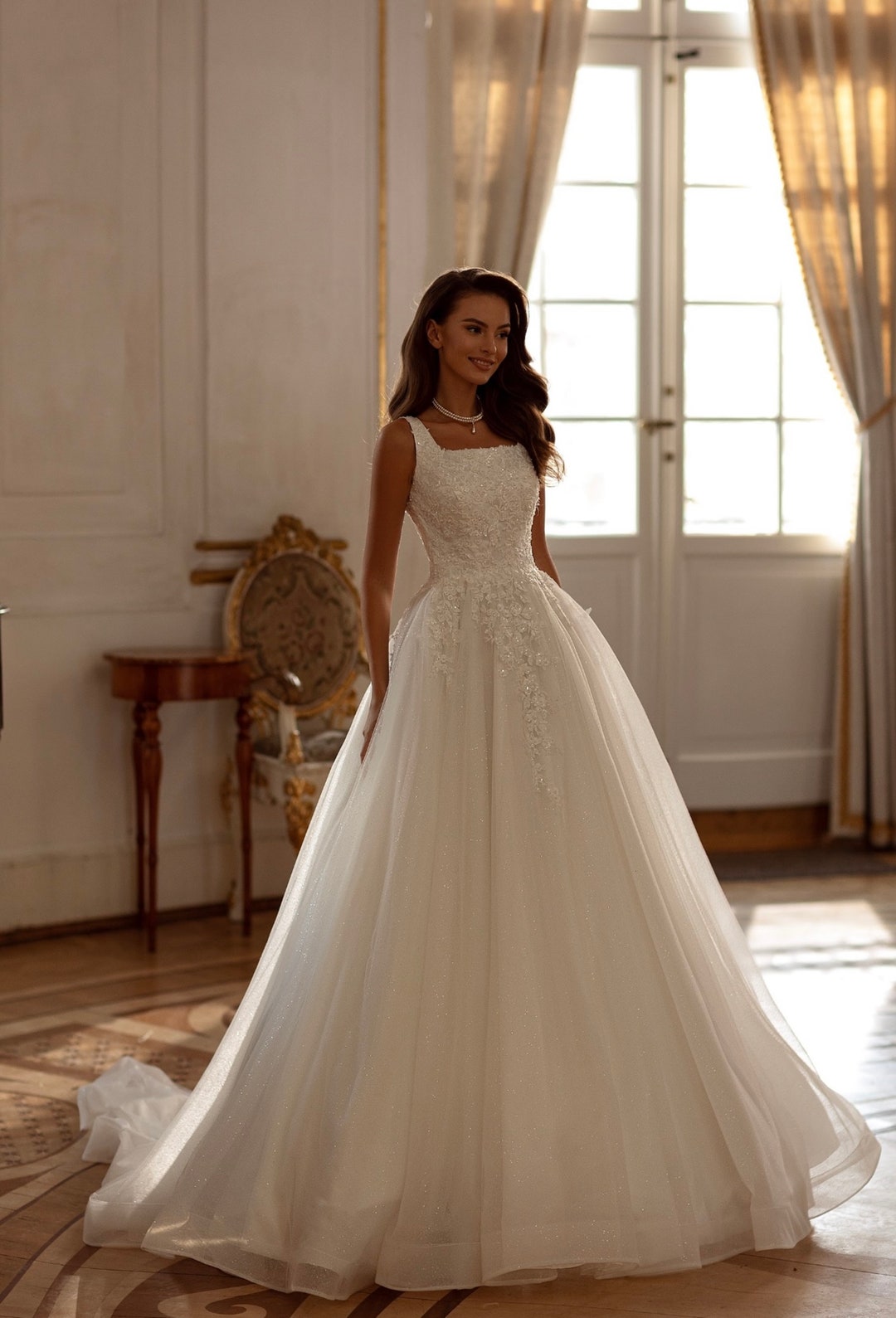 Floral Lace A-line Wedding Dress Corset Back Square Neckline Sparkle ...