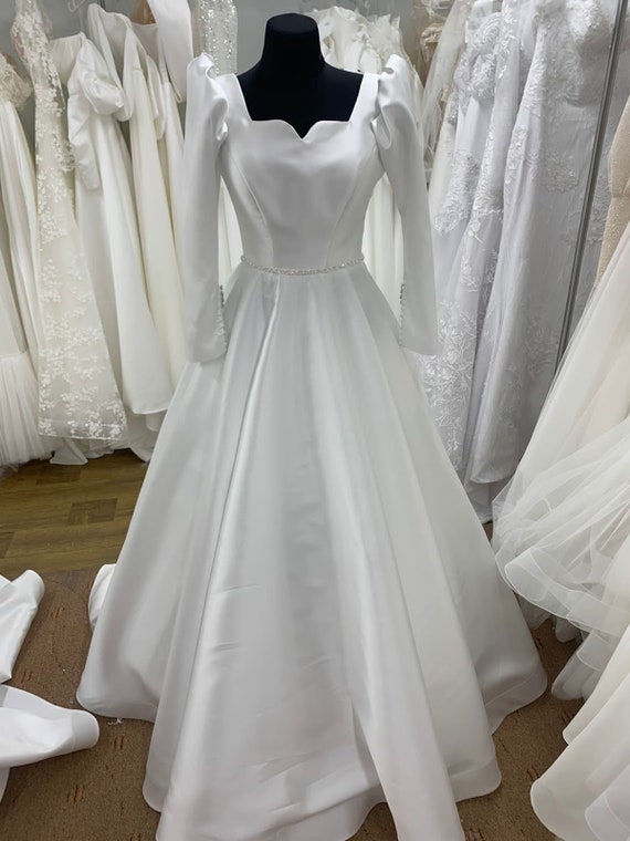 Satin Ball Gown Boat Neckline Wedding Dress Long Sleeves Low Back