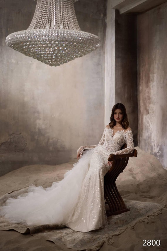 strapless open back dress Elegant Mermaid Wedding Dress with Sheer Lace Sleeves and Tulle Skirt   WonderlandByLilian