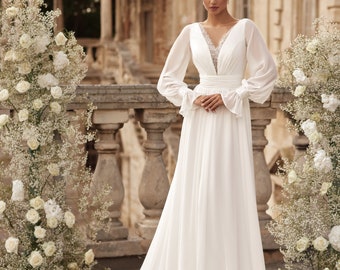 A-Line Boho Wedding Dress Long Sleeves V-Neckline Illusion Back Low Back Buttons Long Train “Selma”