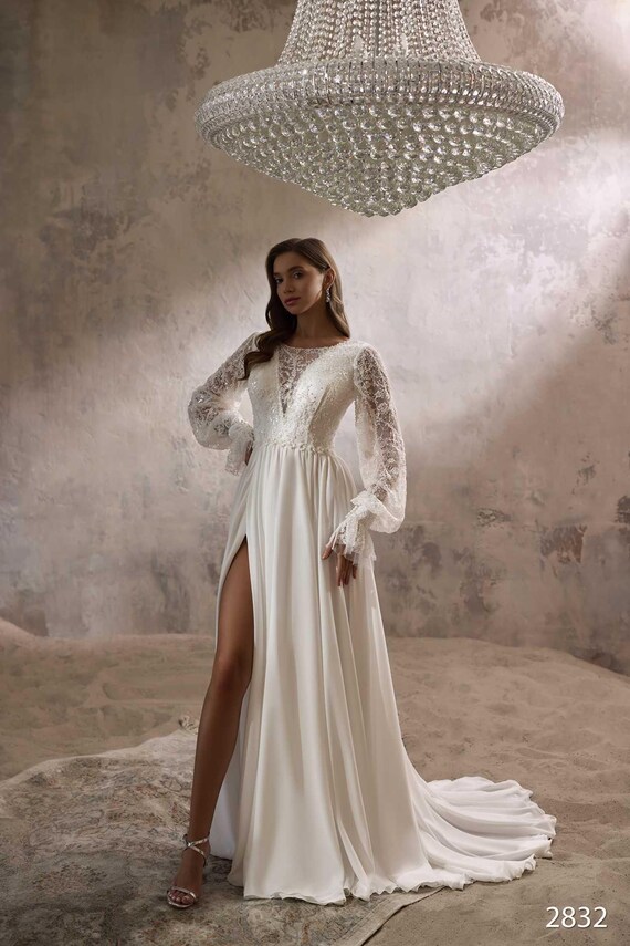 Boho A-Line Wedding Dress: Long Sleeve V-Neck, Slit Bridal Gown