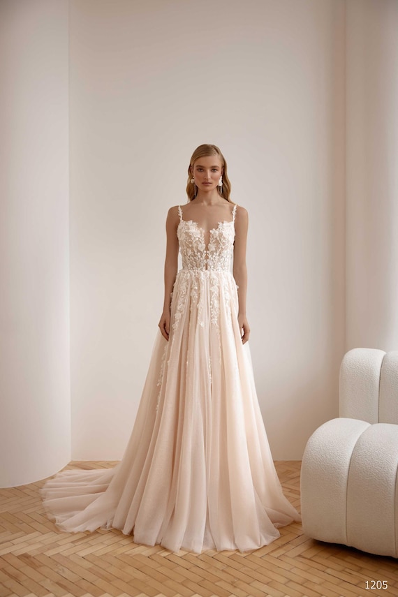 a line corset back wedding dress Spaghetti Strap Lace & Silk A-Line Wedding Dress with Corset Bodice