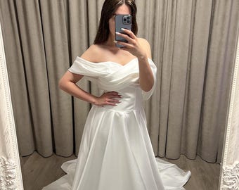 Satin Off the Shoulder Wedding Dress A-Line Bridal Gown Sweetheart Neckline Corset Back Low Back “Vace”
