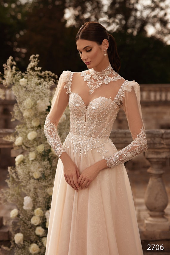 Long Sleeves A line Wedding Dress Sweetheart Neckline Illusion Neckline Beads Ivory Bridal Gown Low Sheer Back Long Train idilija Etsy Ireland