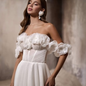 A-Line Floral Lace 2025 Wedding Dress Off the Shoulder Sleeves Long Train Corset Back Boho Dress “Miseliene”