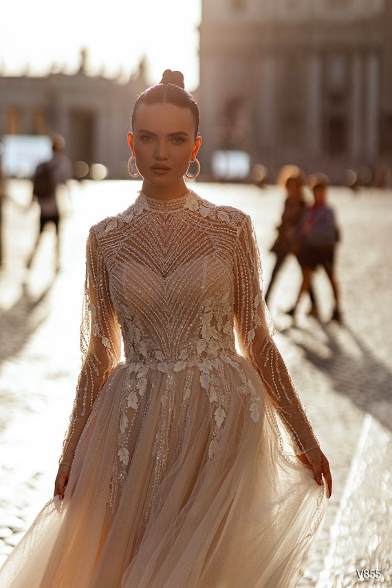 Long sleeve a line wedding dress discount