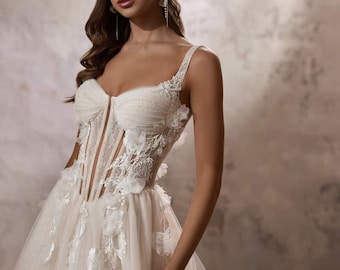 A-Line Wedding Dress 2025 Floral Lace Sweetheart Neckline Straps Sleeveless Slit Princess Dress Mid Back “Aurikija”