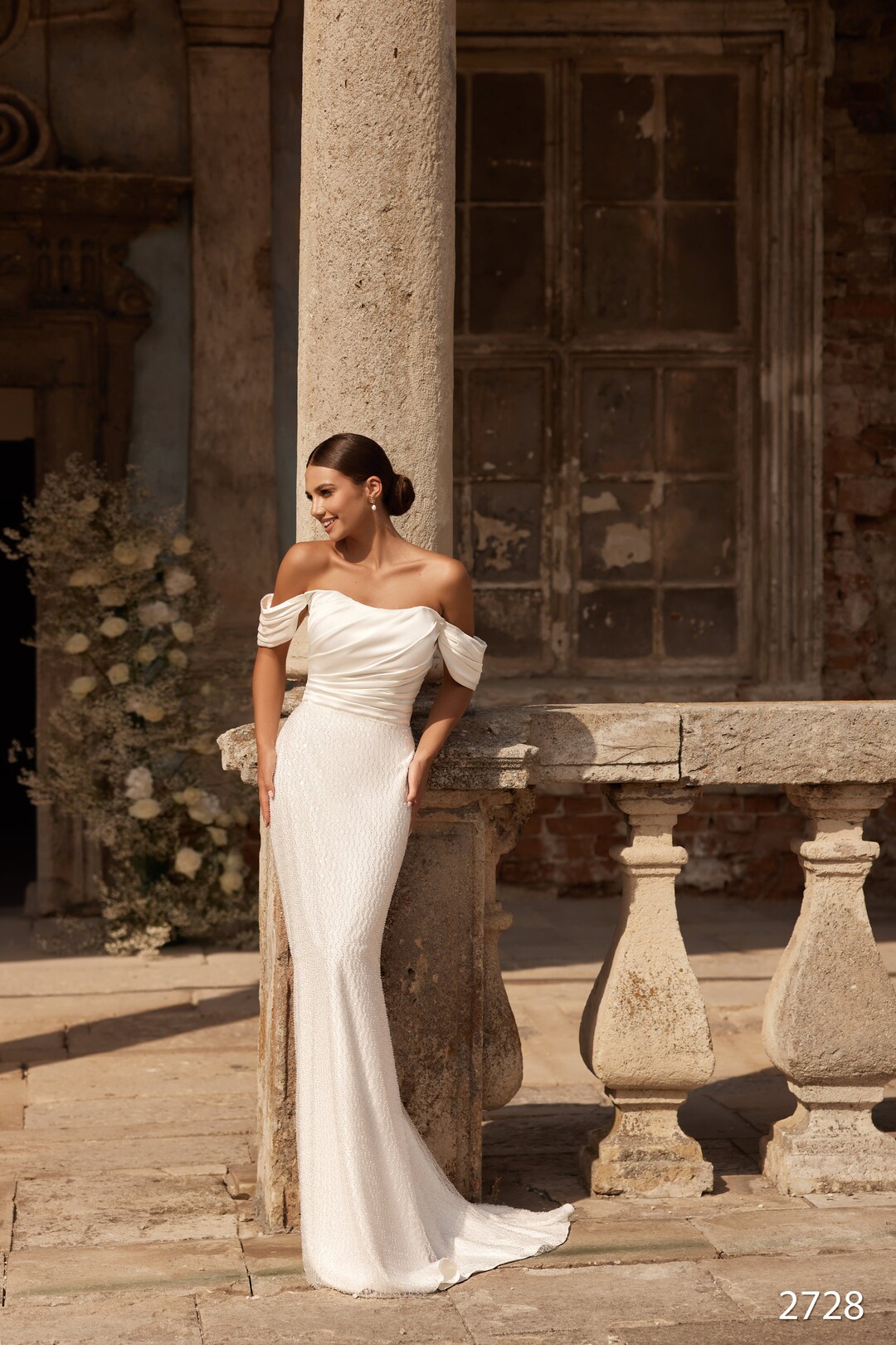 Simple Sheath Satin Wedding Dresses Off the Shoulder VW2141