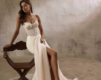 A-Line Wedding Dres Floral Lace Off the Shoulder Sleeves Slit Blush Wedding Dress 2025 Sweetheart Neckline “Marcyte”
