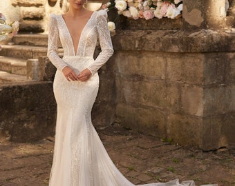 Sheath Wedding Dress Long Sleeves V-Neckline Bridal Gown Floor Length Long Train Open Low Back “Agedute”