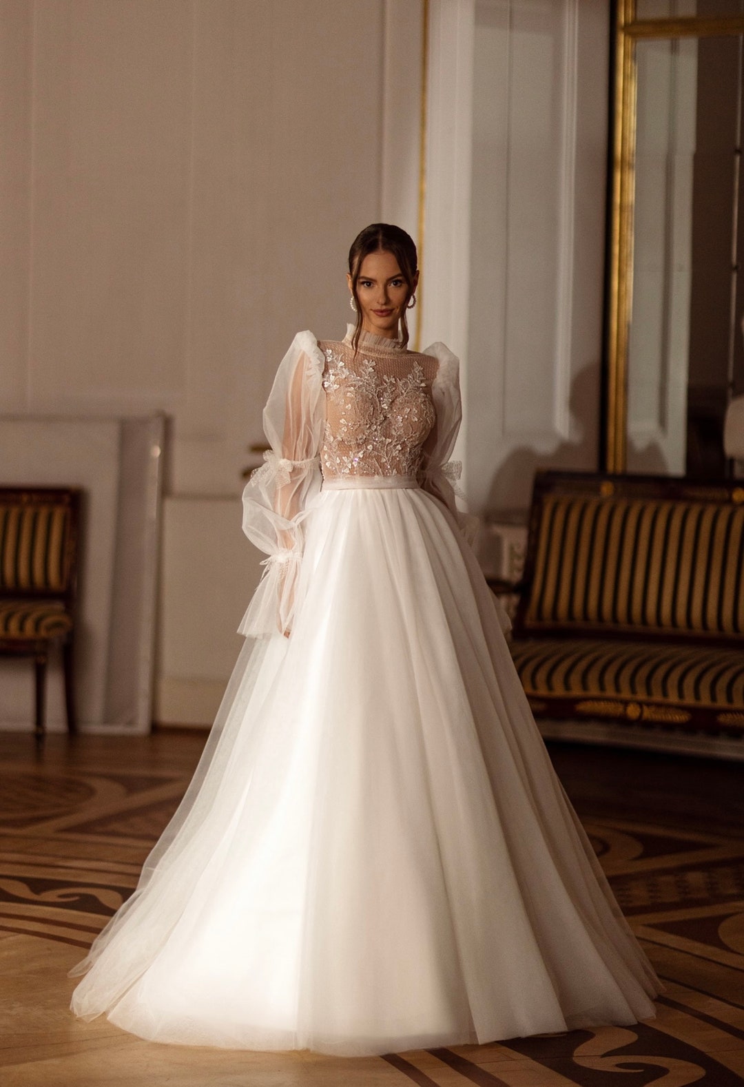 A-line Wedding Dress Illusion Neckline V-neck Long Sleeves High Neck Sheer Back Corset Long ...