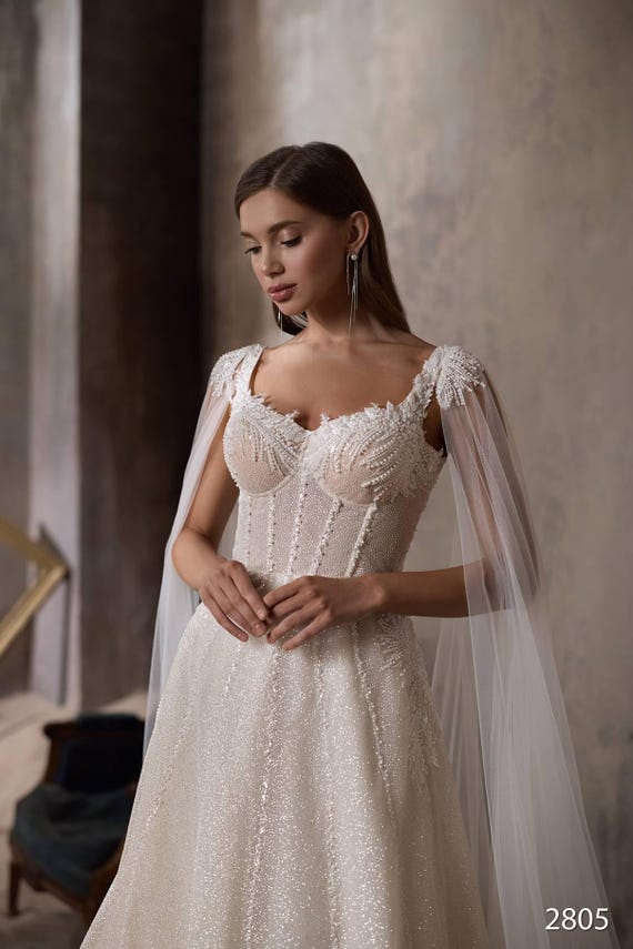 fitted blush wedding dress Tulle A-Line Bridal Dress: Blush Corset Wedding Gown