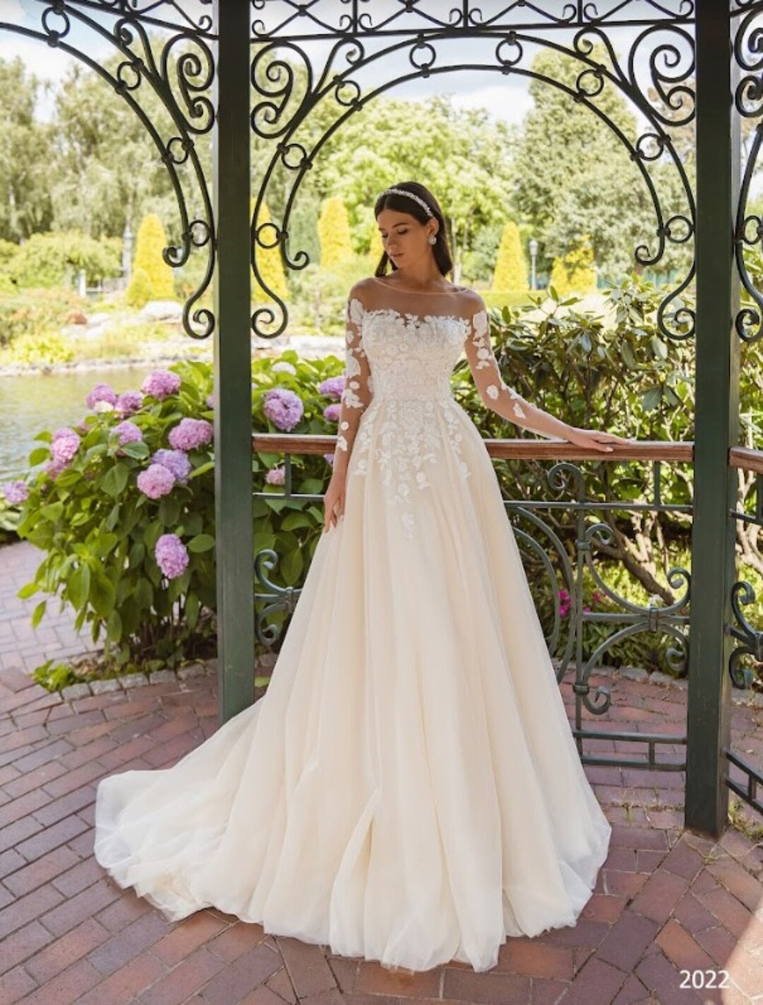 A-Line Asymmetrical Neck Long Sleeves Floral Lace Up Sweep Train Wedding Dress
