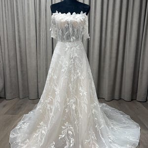 A-Line Wedding Dress Off the Shoulder Beach Bridal Gown Floral Lace Mid Back Zip Floor Length Ivory Wedding Dress “Dore”