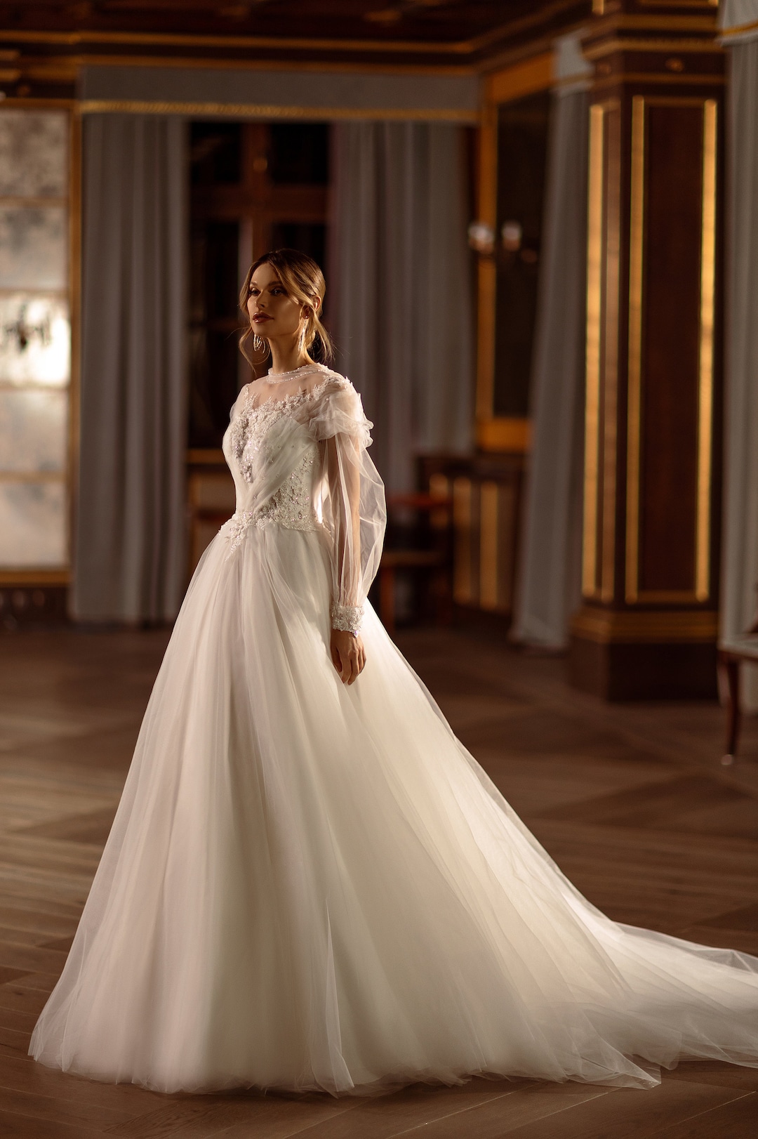 Dots Sheer Neck High Low Long Sleeve Wedding Dress