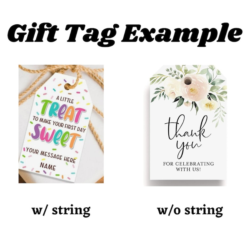Pu&ograve; includere: Due etichette regalo, una con un design colorato e il testo "Un piccolo regalo per rendere il tuo primo giorno dolce" e l'altra con un design floreale e il testo "Grazie per aver festeggiato con noi!"
