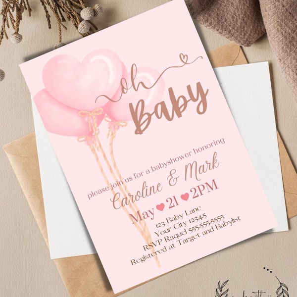 Editable Blush Pink Mauve Beige Heart Balloon Baby Shower Invitation Girl Baby Heart Balloon Invite Minimalistic Invite Printable Template