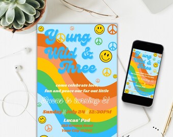 Editable Groovy Birthday Invitation 60s 70s Hippie Theme Birthday Party Invite Peace and Love Party Young Wild and Three Invitation Download